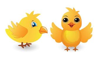 Two yellow cute cartoon baby chicks standing side by side on a white background, one facing forward with open wings and big expressive eyes, the other in side view with a curious look. vector