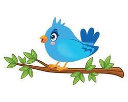 A cute, cartoon-style bluebird perched cheerfully on a leafy tree branch, singing with a happy expression. Bright, colorful, and playful illustration on a white background. vector
