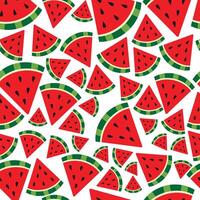 Seamless pattern of vibrant watermelon slices in various sizes and angles on a white background. Bright, fruity, and fun design perfect for summer-themed fabric, wallpaper, or decorate vector