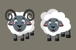 Cartoon sheep duo with fluffy white wool and gray faces one ram with curled horns with smile face vector