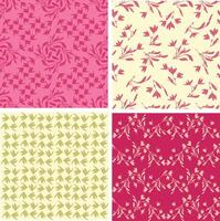 This is a seamless floral pattern collection featuring four coordinating botanical designs in pink, magenta red, sendy and olive green tones. Each pattern showcases delicate silhouettes of flowers and vector