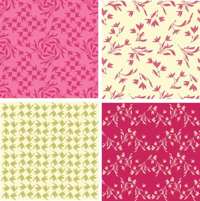 This is a seamless floral pattern collection featuring four coordinating botanical designs in pink, magenta red, sendy and olive green tones. Each pattern showcases delicate silhouettes of flowers and