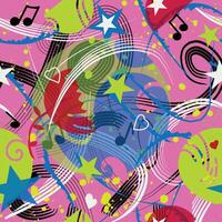 Energetic seamless pattern with a pink neutral background, music notes, stars, hearts, and colorful abstract splashes. Great for kids products, textiles, party decor, digital designs, and playful vector