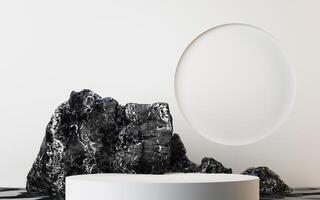 Smooth podium floats in front of jagged black marble rocks and a circular cutout wall, highlighting modern presentation. 3d rendering. photo