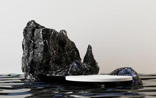 Black marble rocks rise above a rippling water surface, framing a white circular podium in a serene minimal setting. 3d rendering. photo