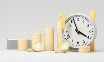 Stacks of coins and growth arrows behind a clock represent rising wealth, income growth, and compound interest over time. 3d rendering. photo