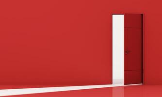 Open red door stands in a bold red space, inviting change, mystery, and transformation through minimal contrast and symbolic light. 3d rendering. photo
