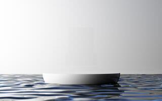Minimal white circular podium floats alone on calm water, with a faint abstract shape in the backdrop. 3d rendering. photo