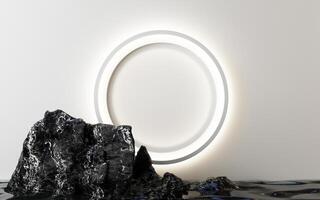 Backlit circular wall feature glows behind black marble stones, reflecting light softly on the still water below. 3d rendering. photo
