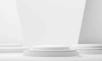 Three modern display podiums lit dramatically, perfect for presenting skincare, perfumes, or premium cosmetic collections. 3d rendering. photo