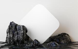 Dark rocks with marble veins surround a tilted square panel above reflective water, creating a bold product backdrop. 3d rendering. photo