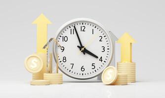 Time and money growth symbolized by arrows, coins, and a house rising behind a clock, reflecting financial progress over time. 3d rendering. photo