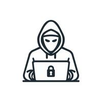 Security and protection. Hacker with laptop line icon vector