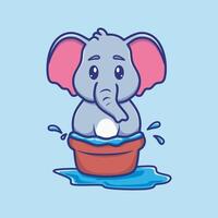 Cute illustration of a happy baby elephant joyfully soaking in a water filled basin, celebrating the Songkran water festival with playful delight. vector