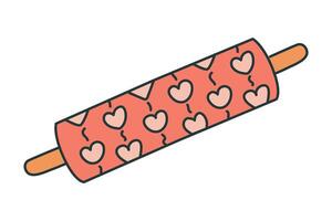 Patterned Rolling Pin with Heart. Isolated textured kitchen Utensil for cooking sweets. Baker or pastry chef Element for food preparation. Culinary. Flat design with outline. Color illustration vector