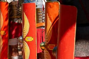 Roman legionaries parading in a historical reenactment party event about ancient Rome. photo