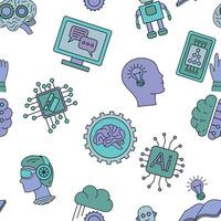 Seamless pattern with artificial intelligence elements including robots, neural networks, brains, computer chips, and digital communication symbols, illustration vector