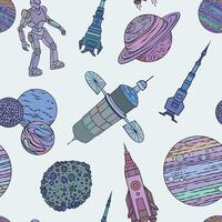 A colorful seamless pattern with featuring space elements such as rockets, planets, a robot, satellites, and asteroids, illustration vector
