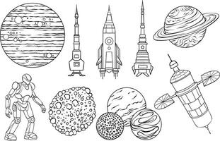 A outline illustration featuring space elements such as rockets, planets, a robot, satellites, and asteroids vector