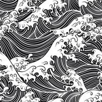 A seamless pattern illustration featuring stylized ocean waves in dynamic black and white tones with foamy crests vector