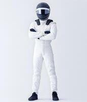 Full length portrait of a racer in white suit and helmet standing with arms crossed on white background photo