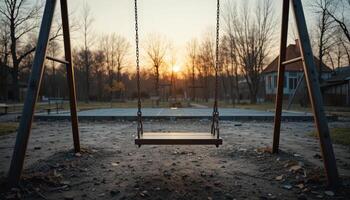 Sunset View of an Empty Swing Set in a Quiet Playground Surrounded by Trees photo