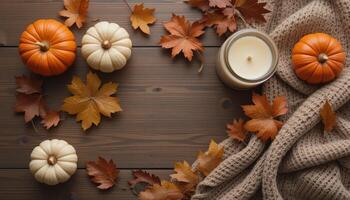 Autumn Arrangement With Pumpkins, Leaves, and a Candle on a Wooden Table photo