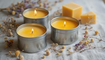 Candles With Warm Glow and Natural Elements in Serene Indoor Setting photo