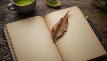 Open Book With Dry Leaf on Pages Next to Green Tea in a Cozy Wooden Setting photo