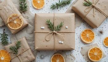 Beautifully Wrapped Gifts With Natural Decorations and Dried Orange Slices on a Festive Table Setting photo