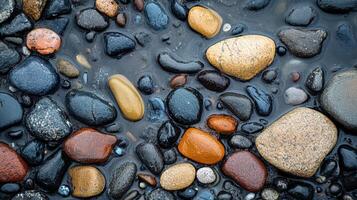 Colorful Wet Pebbles Spread Across a Tranquil Beach at Sunset, Reflecting Soft Hues of Light photo