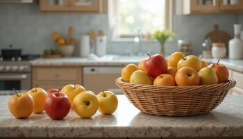 Beautiful Assortment of Apples Arranged in a Basket on a Kitchen Countertop During Daylight photo