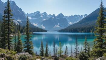 Stunning Mountain Landscape With Turquoise Lake and Evergreen Trees on a Bright Sunny Day photo