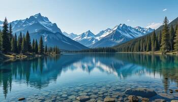 Mountain Lake Surrounded by Forests and Peaks on a Clear Day With Vibrant Reflections photo