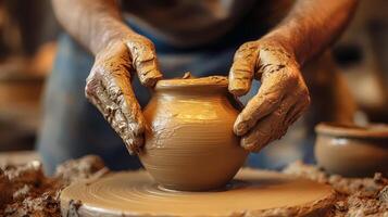 Hands Skillfully Molding a Clay Pottery Vase on a Spinning Wheel in a Serene Workspace photo
