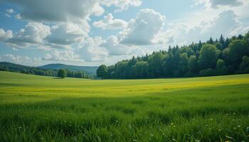 Wide Green Meadow Under a Bright Blue Sky Filled With Fluffy Clouds Near a Lush Forest in the Afternoon photo