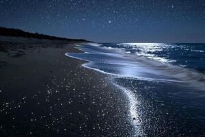 Night Beach Scene Starry Sky Over Ocean Waves. A breathtaking image of a moonlit beach at night, with waves gently lapping the shore under a sky full of stars. photo