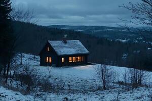 Cozy Cabin in a Snowy Mountain Landscape at Dusk. A tranquil scene of a log cabin illuminated from within, nestled in a winter wonderland. photo