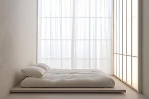 Serene Minimalist Bedroom Platform Bed and Sheer Curtains in a Bright, Tranquil Space. photo