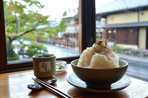 Japanese Milk Ice Cream Dessert near Window with City View. photo