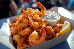 Crispy Fried Shrimp with Creamy Sauce and Lemon in a Takeout Container. photo