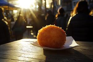 Golden Fried Snack at Sunset Market. A crispy, golden-brown treat rests on a rustic wooden table, bathed in the warm glow of the setting sun. photo