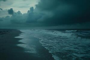 Dramatic Seascape Moody Ocean Waves Crashing on a Sandy Shore Under a Stormy Sky. photo