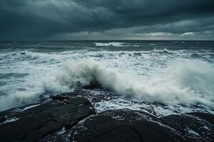 Dramatic Ocean Waves Crashing on Dark Rocks Under a Stormy Sky. photo