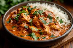 Delicious Chicken Tikka Masala with Fluffy Rice. A close-up image of a flavorful Indian dish served in a rustic bowl. photo
