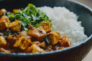 Close-up of Aromatic Tofu Curry Served with Rice. A vibrant and delicious Indian-inspired dish perfect for a healthy and flavorful meal. photo