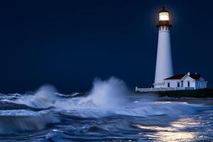 Illuminated Lighthouse with Crashing Waves at Night. A dramatic coastal scene featuring a tall lighthouse and powerful ocean waves under a dark blue sky. photo