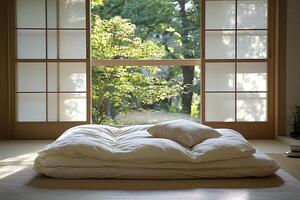 Serene Japanese-Style Bedroom with Futon and Garden View. photo