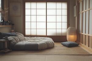 Serene Japanese-Style Bedroom Interior with Circular Futon and Shoji Screens. photo
