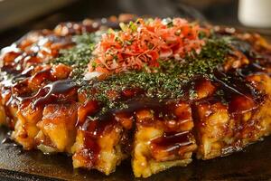 Close-up of Okonomiyaki, a Savory Japanese Pancake. photo
